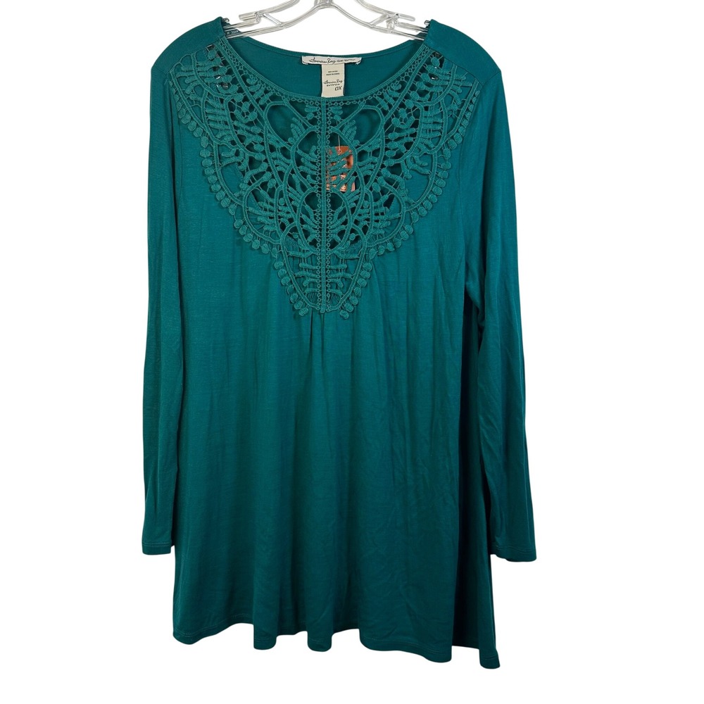 American Rag Cie Womens 0X Teal Green Crochet Lace Bib Long Sleeve Tunic Top NEW